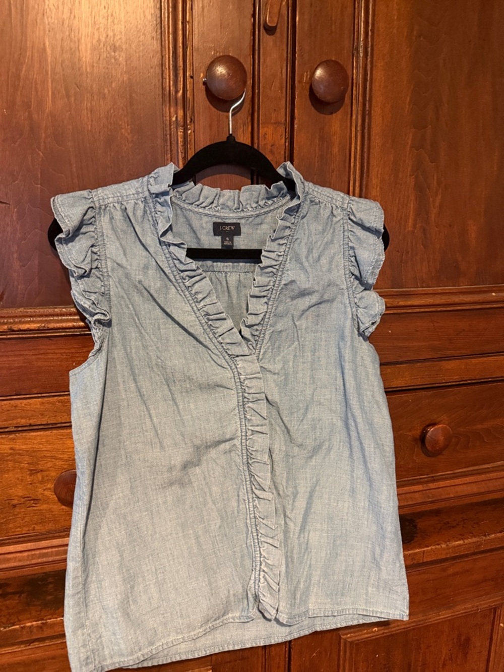 J. Crew Light Blue Ruffle-Trim Chambray Sleeveless Blouse